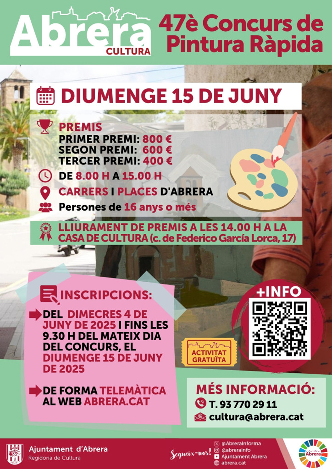 El diumenge 15 de juny de 2025 l'art tornarà a sortir al carrer amb el 47è Concurs de Pintura Ràpida Vila d'Abrera